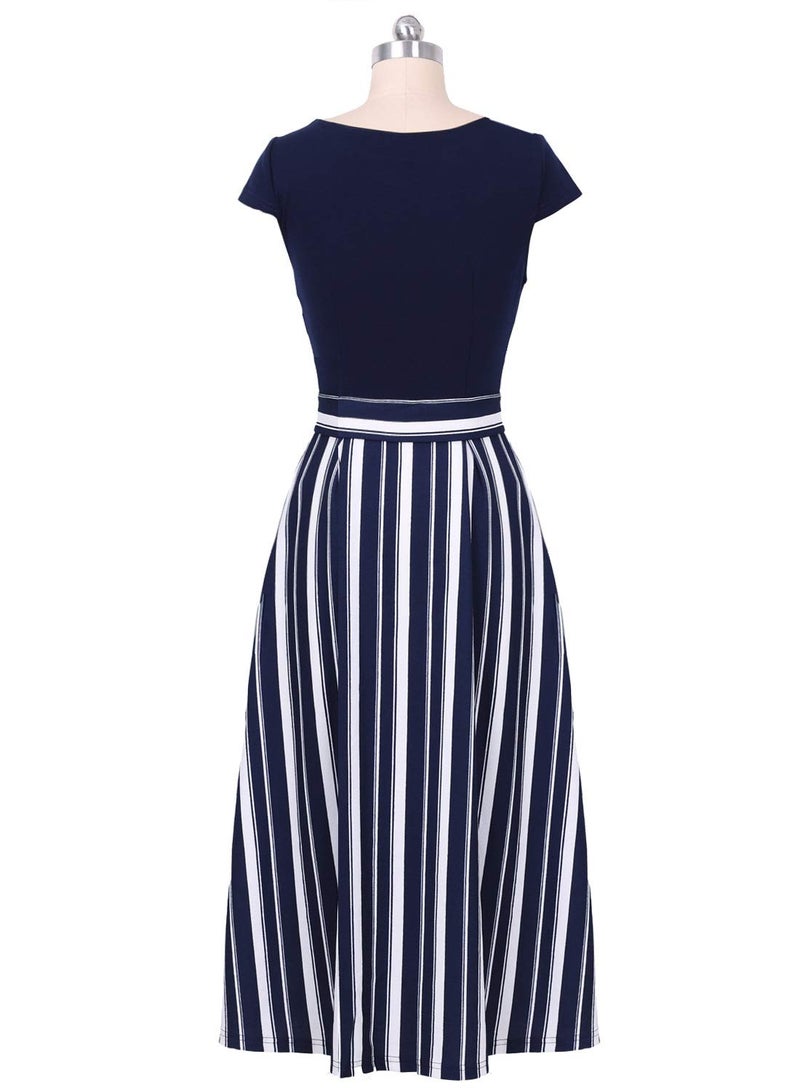VFSHOW Womens Navy Blue and White Striped Print Patchwork Pockets Pleated Work Casual Party A-Line Midi Dress 2831 BLU M - Image 4